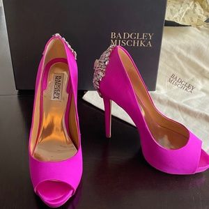 Badgley Mischka Kiara Embellished Peep Toe Pink Satin Heels